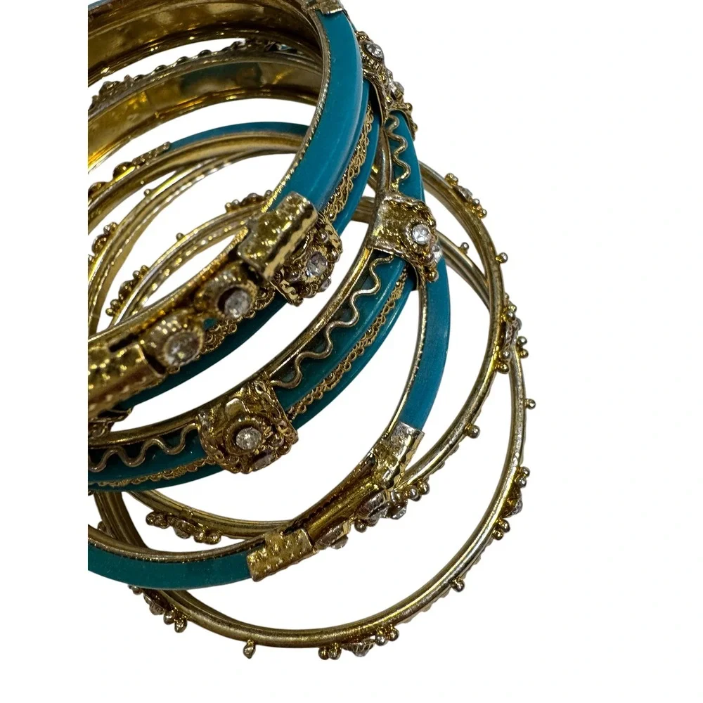 New York & Company Teal Gold Bangle Bracelet Set Crystal Accents India Set of 8